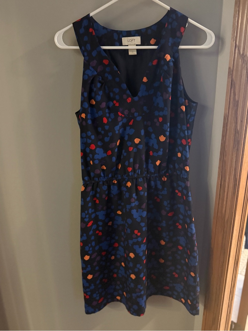 LOFT Navy V-Neck Dress with Blue, Red & Orange Spot Print